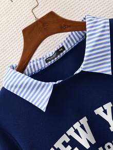 SHEIN EZwear Sudadera informal de talla grande con estampado de rayas, parches y letras, otoño