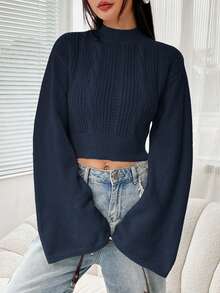 SHEIN EZwear 秋冬女装简约休闲藏青色立领喇叭长袖短款毛衣 - 藏蓝色 - 查看 6