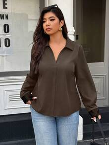 Easura Plus Size Plain Minimalist Long Sleeve Shirt, Casual Everyday Wear - Brown - View 5