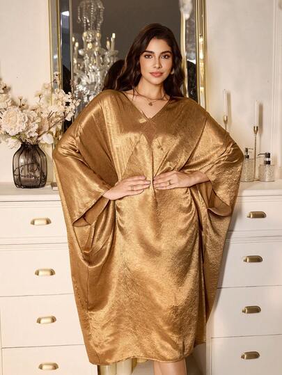PalaceNights Elegant Gold Lace Pattern V-Neck Batwing Sleeve Long Nightgown, Winter