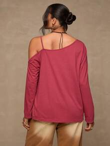 SHEIN VCAY Plus Size Floral Applique Asymmetric Collar Casual Long Sleeve T-Shirt - Dusty Pink - View 5
