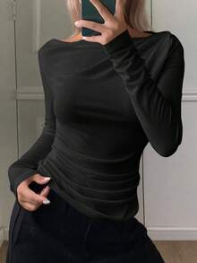 DAZY 女款優雅都市休閒修身露肩長袖T恤 度假穿搭外出上衣 - 黑色 - 查看 7