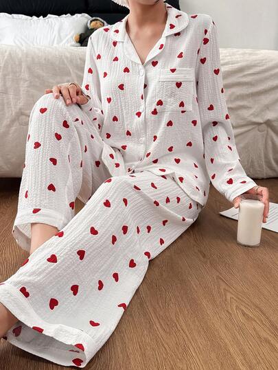Bubble Crinkle Heart Print Loungewear Set, Indoor Outdoor Wear Zachte Pyjama Set Pajama Fall Clothes view 5