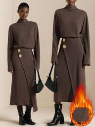 SHEIN Veneréa Conjunto de 2 piezas con cuello alto, acanalado y decoración metálica para mujer