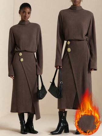 SHEIN Veneréa Damset med polotröja och delad ribbad metallisk dekor, 2 delar