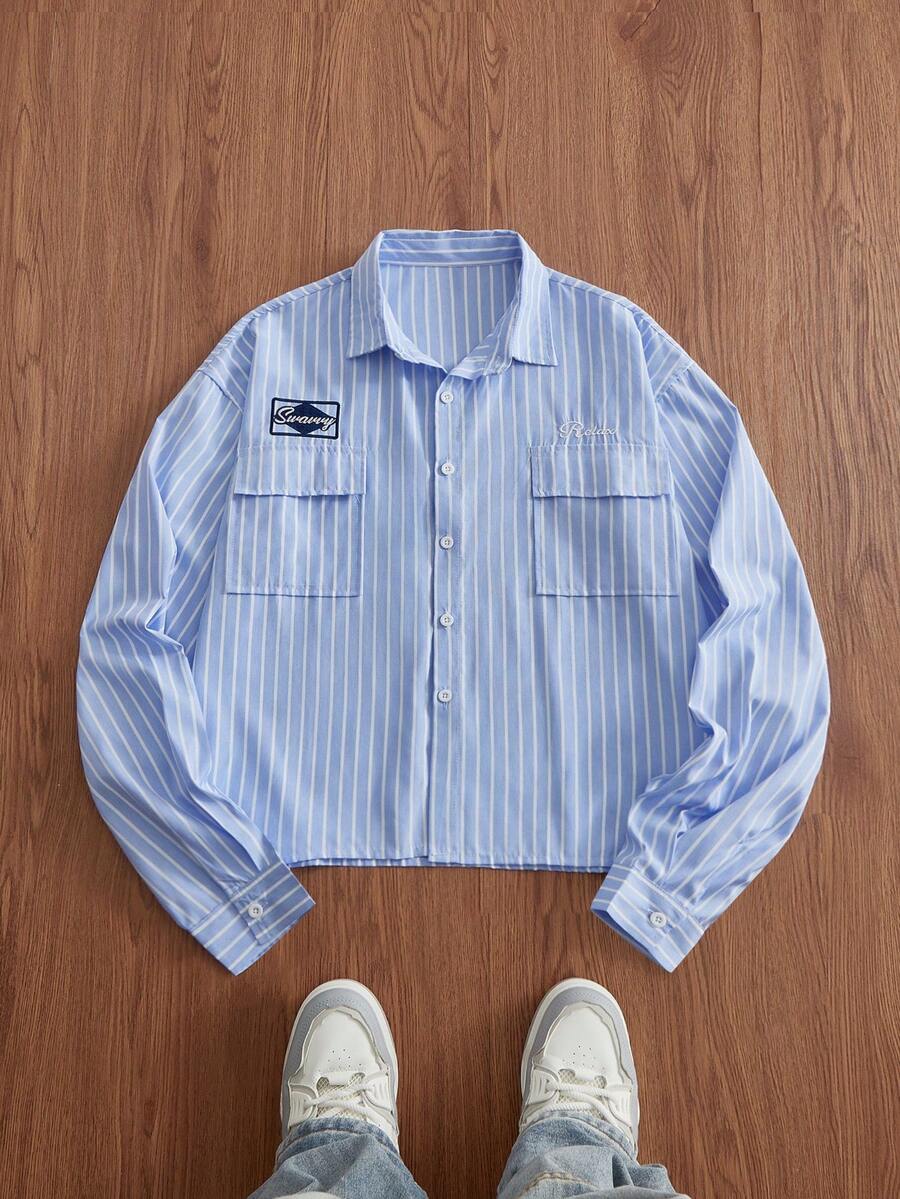 Manfinity Unisex Men's Casual Striped Long Sleeve Shirt, Autumn - Blue - View 1