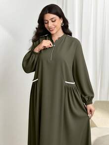 Modelyn Autumn/Winter New Arrival Stand Collar Long Sleeve Waist Cinched Slim Fit Dress - Dark Green - View 5