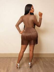 BamGleam Ladies Fashion Sexy Black Crewneck See-Through Mesh Long Sleeve Fringe Dress, Suitable For Latin Dance Dress, PROM, Party, Party - Brown - View 2