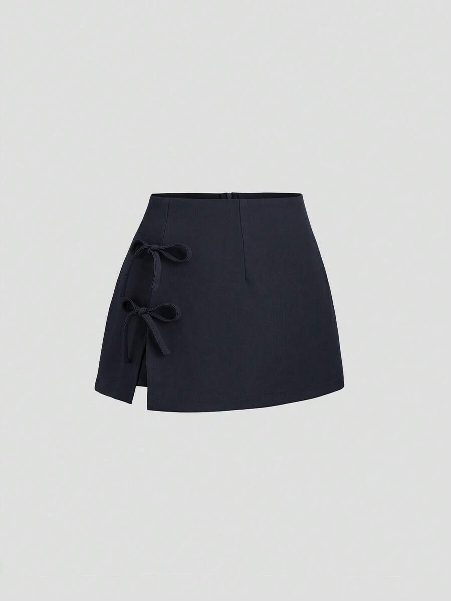 Sweetra Spring/Summer Bowknot Tie Sexy Slit A-Line Women Mini Skirt - Navy Blue - View 1