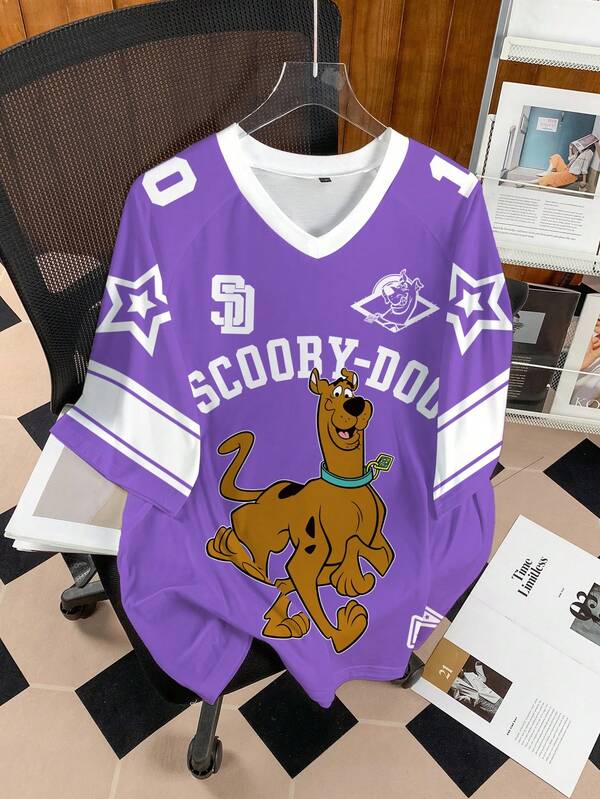 SCOOBY-DOO X SHEIN Men's Casual Fashion Street Cartoon Letter & Star Print Contrast Color V-Neck Short Sleeve T-Shirt, Summer