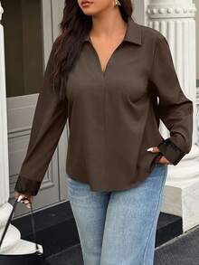 Easura Plus Size Plain Minimalist Long Sleeve Shirt, Casual Everyday Wear - Brown - View 2