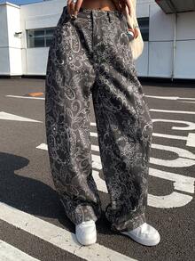 Livesso Autumn/Winter Fashion Floral All-Over Print Loose Casual Straight Leg Pants, For Women - Dark Grey - View 2