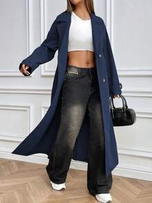 EMERY ROSE 女式休闲日常双排扣翻领风衣，秋季 - 藍色 - 查看 6