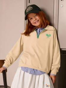 Joliand Joliand 1pc Tween Girls' Elegant College Style Casual Urban Tennis Racket Print Khaki Polo Collar Raglan Sleeve Sweatshirt, Suitable For Outings, Gatherings, Back To School, Summer And Autumn Back To School  School  Clothes School Supplies Kids Sport Clothes Kids Sweatshirt Preppy Clothes For Kids Long Sleeve Shirts Kids Collared Sweatshirt Kids Kids Tennis Sweatshirt Long Sleeve Collared Shirt Kids Kids Khaki Sweatshirt Preppy Kids Clothes,Fall,Old Money Winter - Khaki - View 3