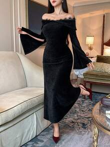 Dazy Tall Tall Women's Lace Patchwork Velvet Off Shoulder Long Sleeve Elegant Dress - Black - View 4