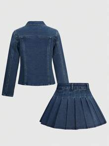 Tween Girls Denim Suit, New Arrival For Autumn/Winter, Deep Blue Denim, Vintage Y2K Outdoor Casual Design, Pleated Skirt With Elastic Waist, Loose Fit Short Skirt, Long Sleeve Fitted Jacket, Essential For Daily, Outdoor, Travel, Party, School Wear - Dark Wash - View 2