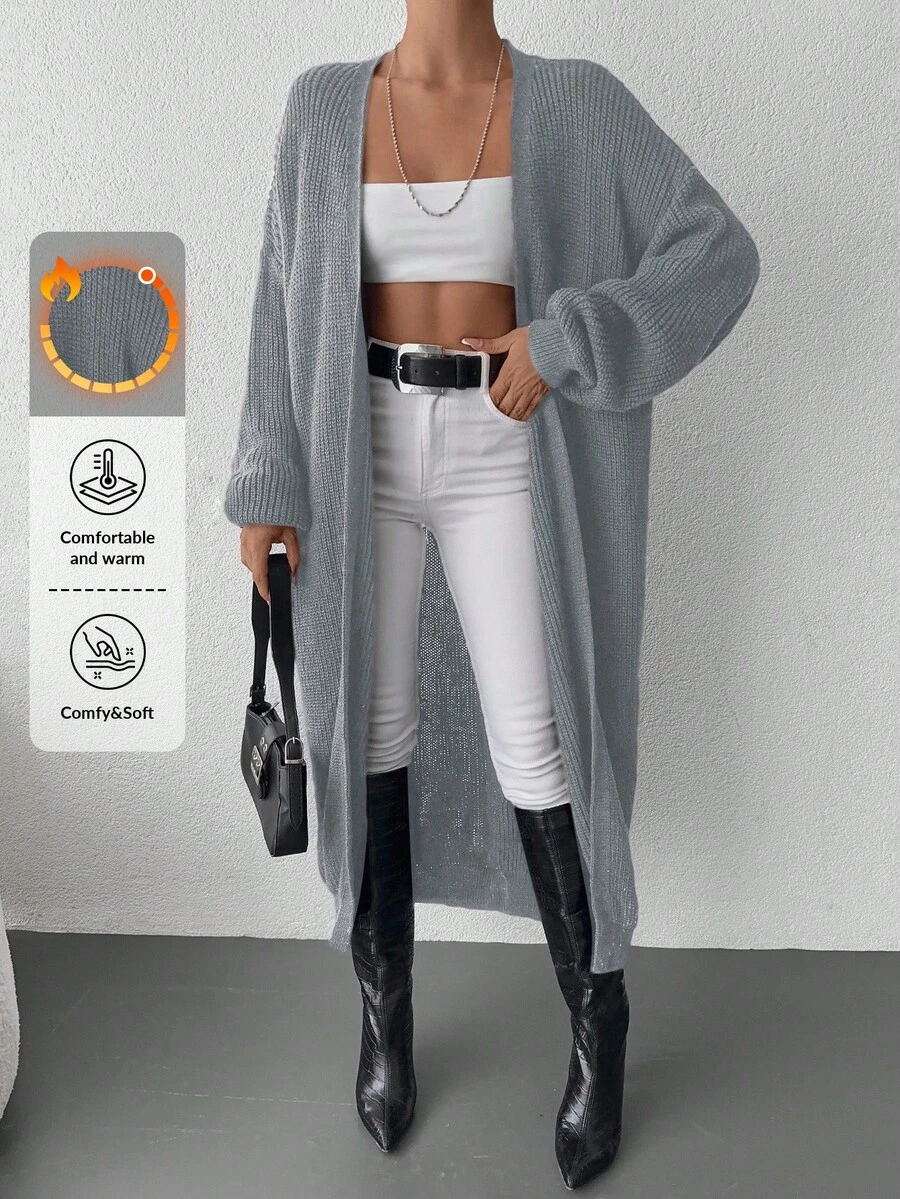 EURMUSE Solid Color Drop Shoulder Cardigan - Grey - View 1