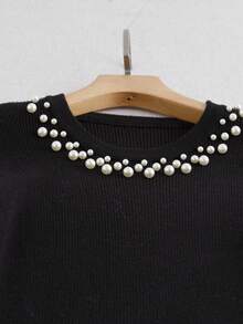 Franclia 女式秋季人造珍珠装饰几何图案长袖连衣裙 - 黑色 - 查看 3