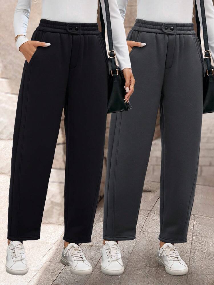 Women's Casual Solid Color Thermal Lined Pants, Autumn/Winter Women Pants Casual Elastic Waist Pants Women Pants Women Slacks Sweatpants For Women Black Pants Grey Pants