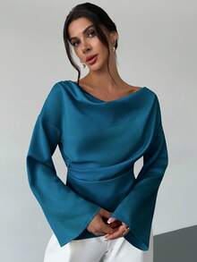 Firerie Boat Neck Flare Sleeve Gathered Waist Office Lady Apricot Blouse, Minimalist Elegant Daily Commute Satin Asymmetric Ruched Collar Bell Sleeve Blouse For Women, Office & Casual Wear, Chic - Teal Blue - View 3