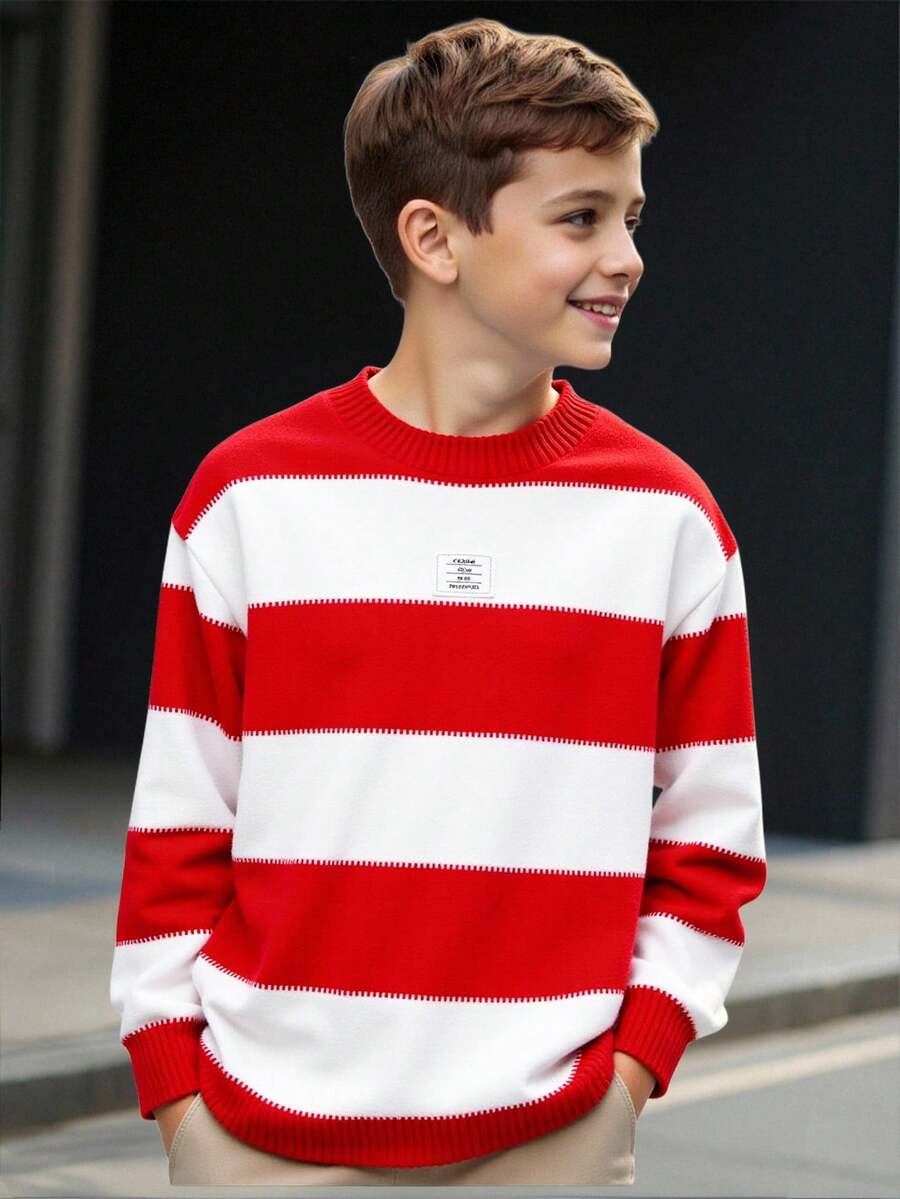 SHEIN Tween Boy 条纹贴花圆领长袖毛衣 - 紅白色 - 查看 1