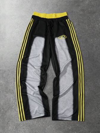 Street Life Pantalones de chándal a rayas con parches para hombre, estilo universitario