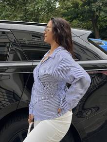 女士条纹印花纽扣前衬衫，不对称下摆，蝙蝠袖，裹身衬衫，秋装，长袖，冬装，优雅，日常通勤，外出，休闲，长袖上衣 - 寶藍色 - 查看 4