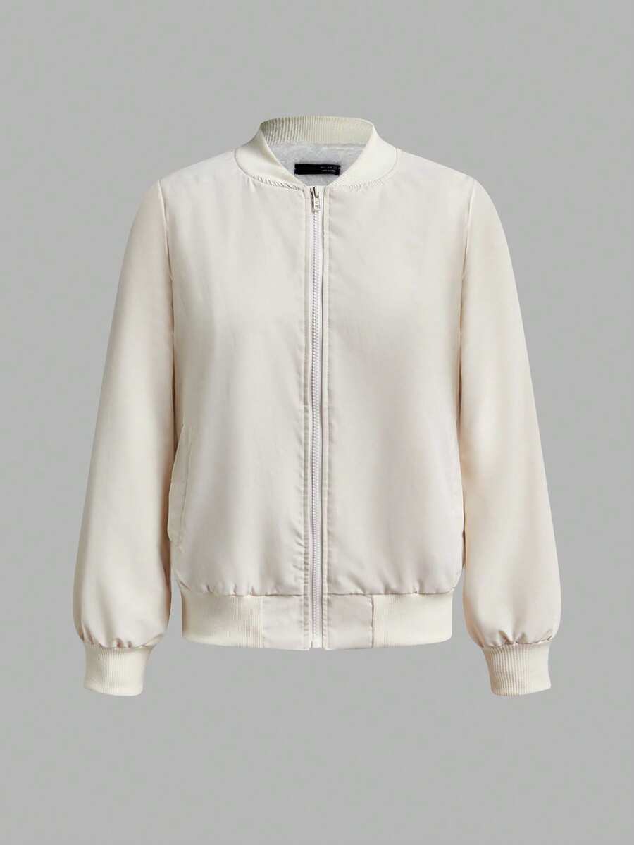 SHEIN EZwear 杏色编织女士休闲保暖内衬夹克，冬季 - 杏色 - 查看 1