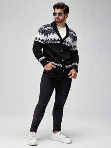 Manfinity Homme 男士撞色复古风开衫，秋冬款，长袖上衣 - 黑色 - 查看 4