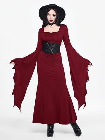 Goth Vestido negro de cuello cuadrado con mangas acampanadas, cintura ceñida y estilo gótico oscuro para fiestas para mujeres