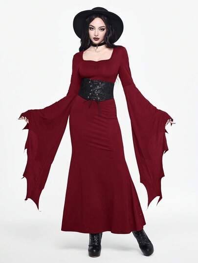 Gothic Dark Party Bat Flare Sleeve Black Waist Cinched Square Neck Dress For Women