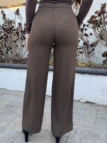Andrea Bello Women Casual Solid Color Straight Leg Pants - Coffee Brown - View 2