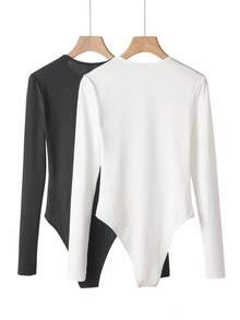 SHEIN BASICS 2pcs/Set Casual Solid Color Knit Crew Neck Long Sleeve Bodysuit For Women/Spring Summer Clothes - Grey - View 7