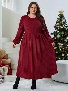 SHEIN CURVE+ 大码女式纯色灯笼红长袖罗纹针织冬装 - 酒紅色 - 查看 7