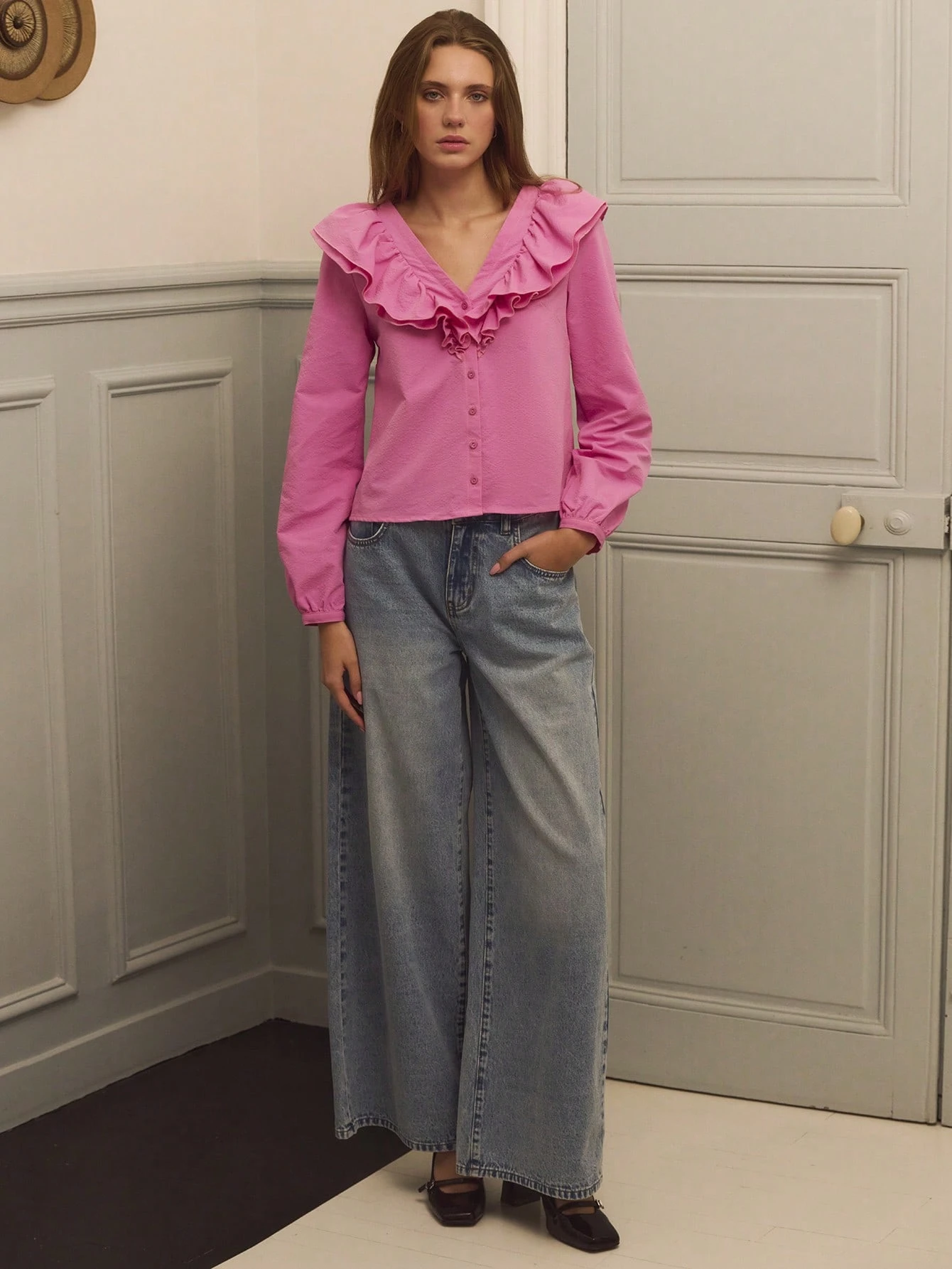 Pink Button Front Blouse With Oversized Ruffle Details