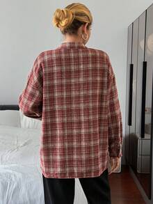 DAZY Damen Karo Loose Hemd mit Umlegekragen, Langarm, Kaffeebraun, Frühling/Sommer/Herbst