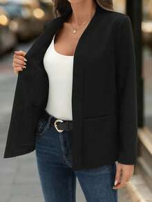 SHEIN Clasi Women's Collarless All-Match Solid Elegant Minimalist Versatile Comfortable Red Regular Jacket In Fall/Winter - Black - View 4