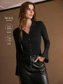 MOTF PREMIUM Áo len cardigan tay loe eo ôm sát dành cho nữ, mùa thu/đông - màu đen - Xem 1