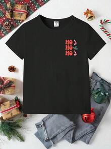 Chúc mừng Giáng sinh! Áo thun in hình chủ đề Giáng sinh phong cách thường ngày và thời trang dành cho bé trai - Ông già Noel, kẹo gậy, họa tiết kẻ caro, in khẩu hiệu, kiểu dáng thoải mái, phù hợp cho các bữa tiệc và hoạt động Giáng sinh. - màu đen - Xem 2
