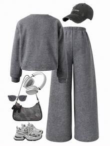 Sparklyn 2 件套青少年女孩休闲宽松花卉印花短款宽松运动衫 + 松紧腰阔腿裤套装，百搭杏色 - 灰色 - 查看 2