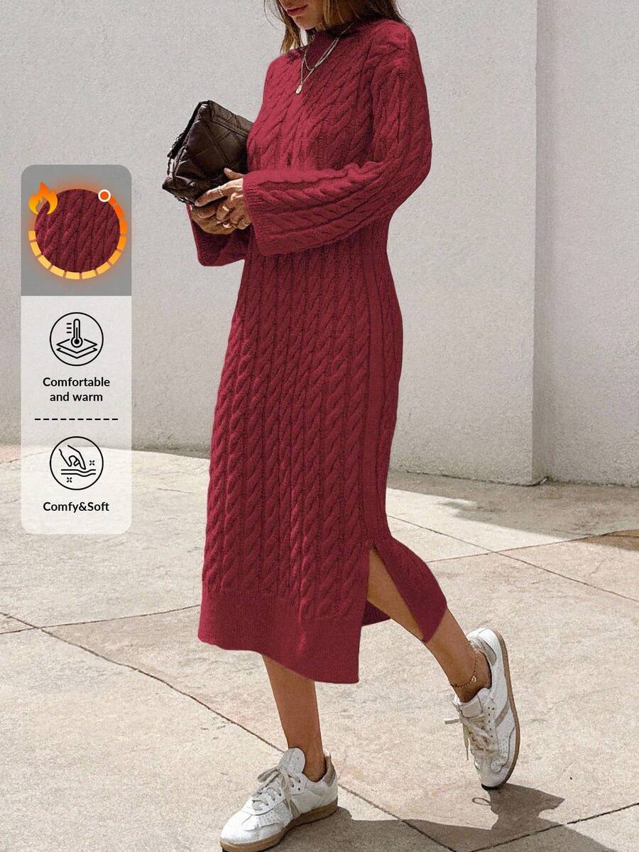 EURMUSE Women's Knitwear Long Dress With Cable Pattern - Burgundy - View 1