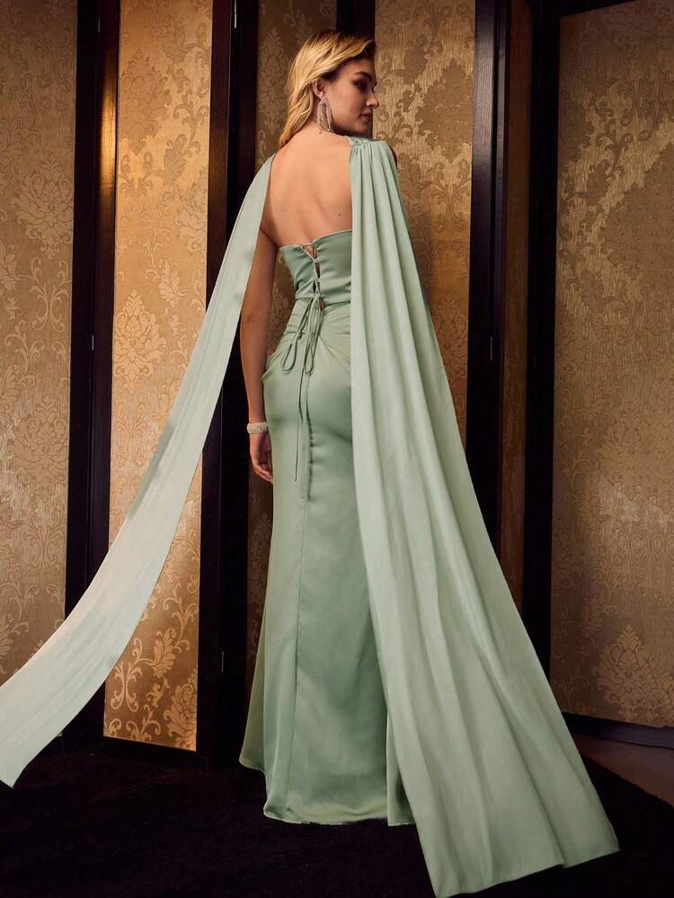 MOTF Soiréza VESTIDO DE FIESTA DE SATÉN CON CAPA SIN TIRANTES, LARGO HASTA EL SUELO, CON ADORNOS DE RHINESTONE, PARA EVENTOS FORMALES Y GALAS DE OTOÑO/INVIERNO