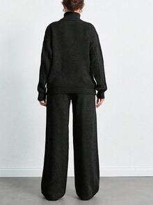 SHEIN Tall 高領落肩袖毛衣與長褲套裝，適合高個子女性 - 黑色 - 查看 2