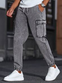 Manfinity Homme Pantalones vaqueros casuales y versátiles para hombres con cintura con cordón y bolsillos