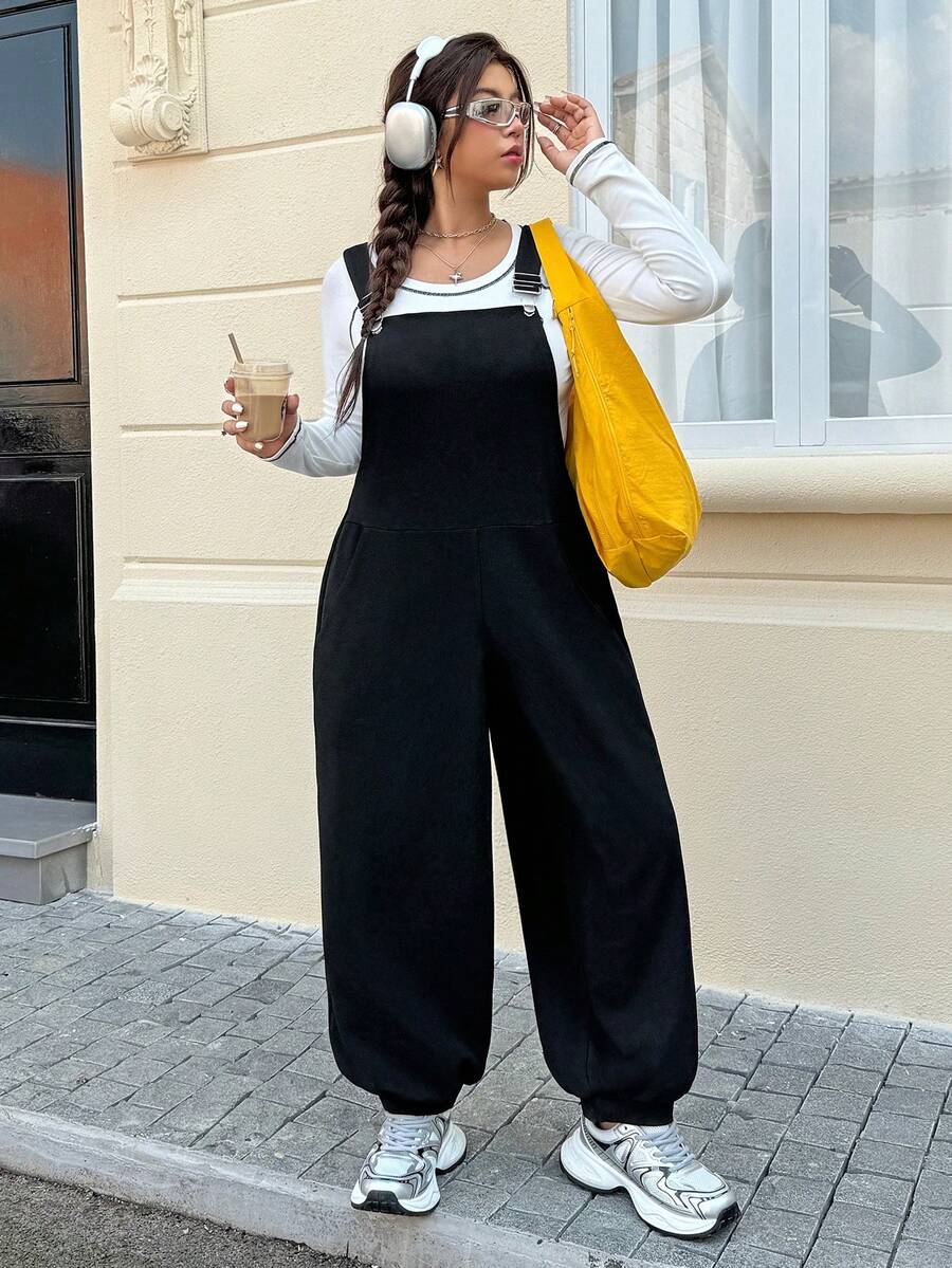 Muchica 大码休闲纯色宽松哈伦裤 - 黑色 - 查看 1