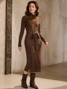 Wildy American Street Fashion High Neck Fitted Waist Pocket Dress, Suitable For Airport, Home, And Outdoor Wear