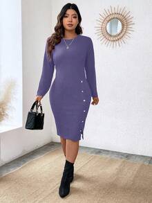 EMERY ROSE Plus Size Casual Solid Color Fitted Dress - Mauve Purple - View 3