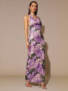 Silquee Women's Elegant Purple Floral Embroidered Sequin Dress,Summer Slim Tube Top Cowl Neck Long Formal Gown For Dinner,Party,Wedding Guest& Date Night - Multicolor - View 3