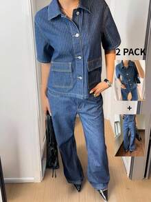 Siren Gaze 女士休闲通勤条纹上衣和牛仔裤套装 - 深色水洗藍 - 查看 1