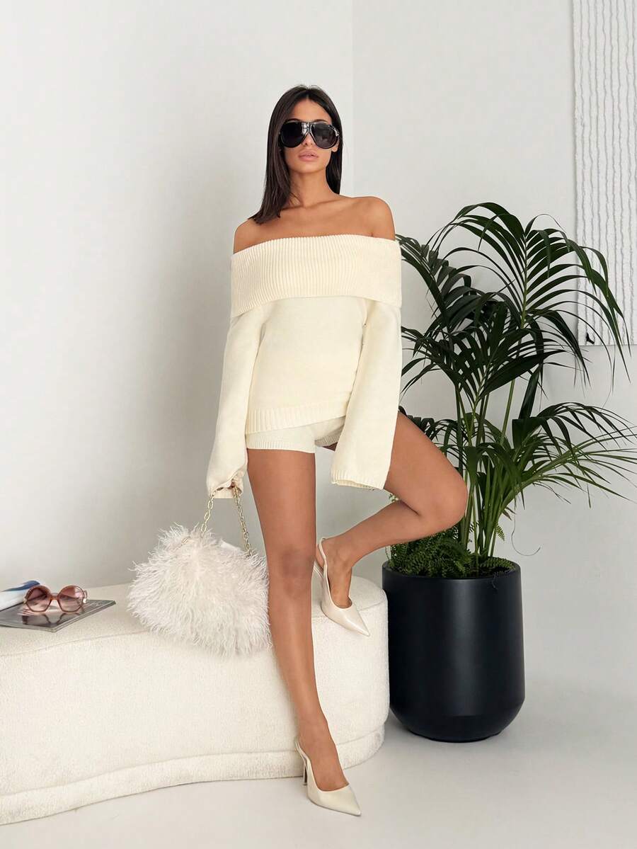 Ronhire 露肩翻领毛衣、长袖上衣 - 米色 - 查看 1